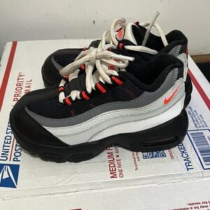 Nike Children’s Airmax 95 Recraft Black, White & Gray Sneakers w/Orange Accent